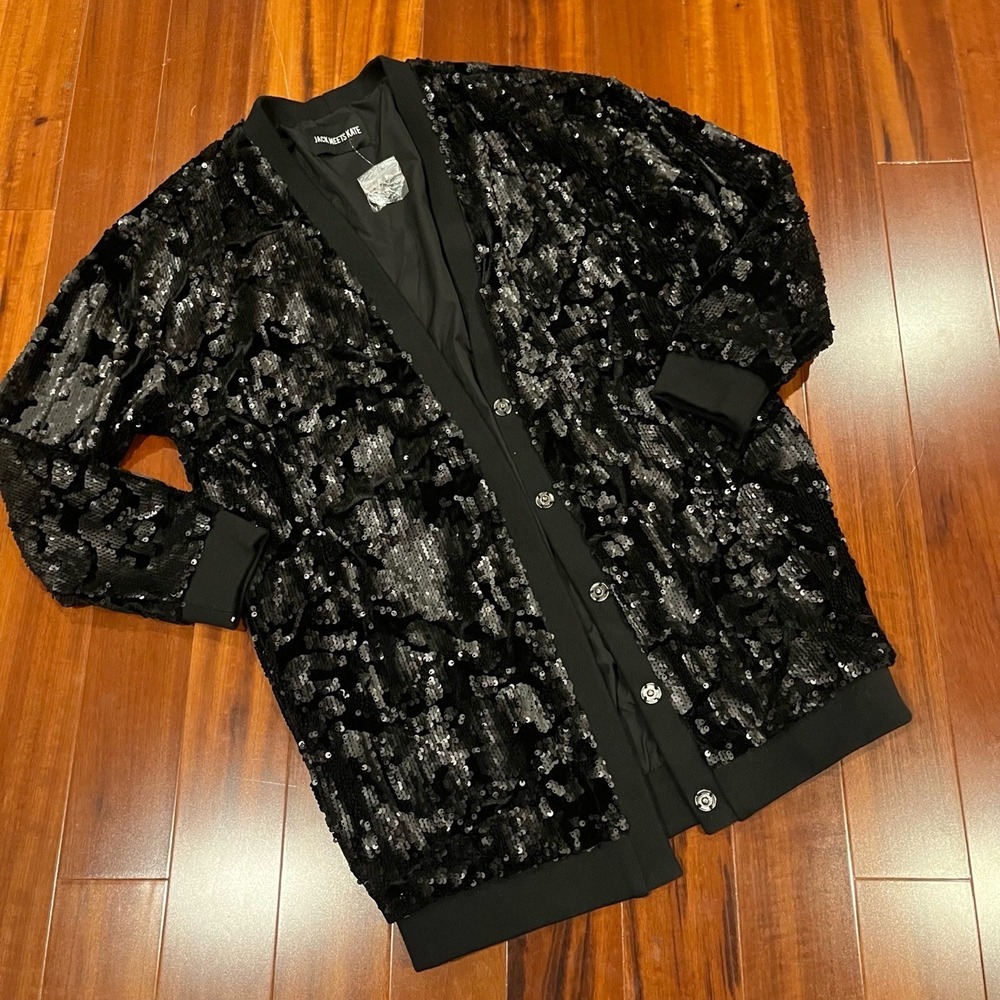 New Jack Meets Kate Black Sequin Jacket Cardigan Button Long Sleeve Top Sz Large